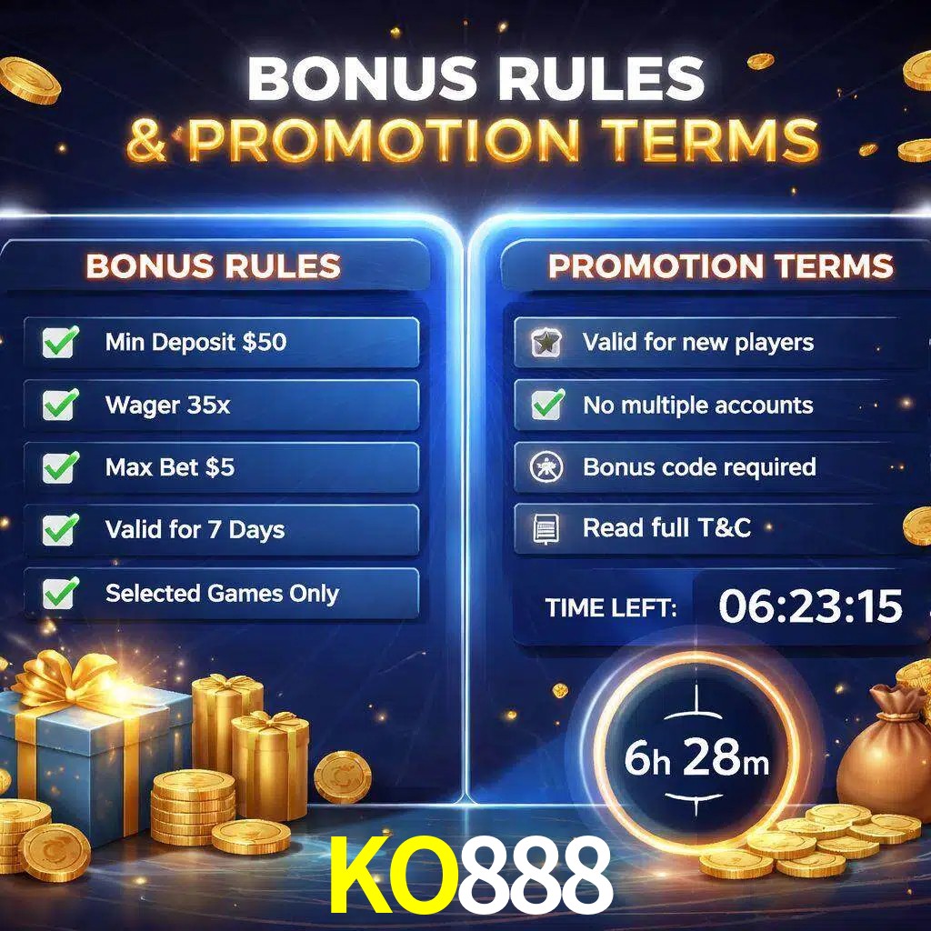 Reglas de promoción KO888 y condiciones de bonos explicadas visualmente