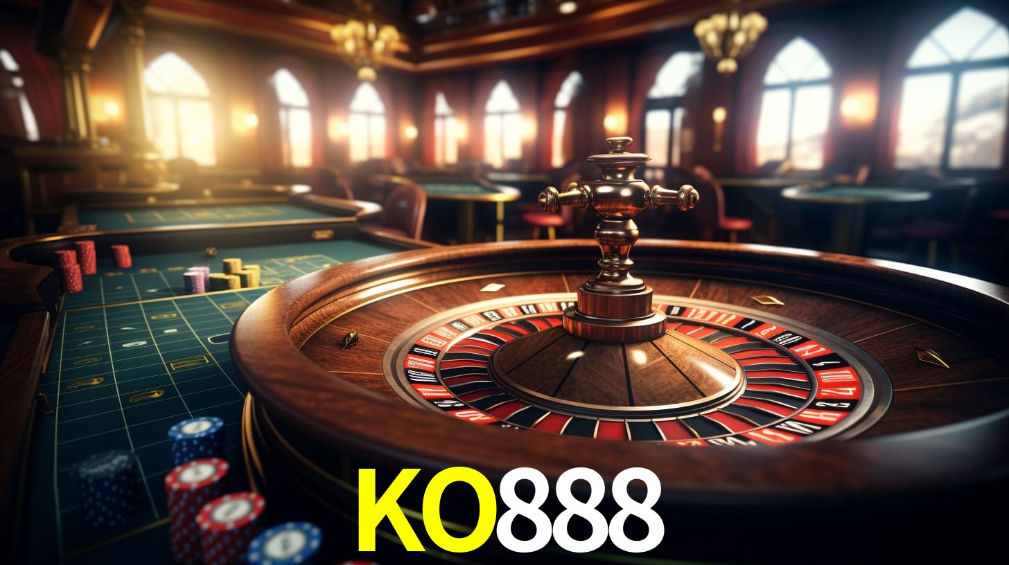 Una escena digital vívida inspirada en casino con KO888 mostrado prominentemente, luces brillantes, fichas, cartas y acentos dorados.