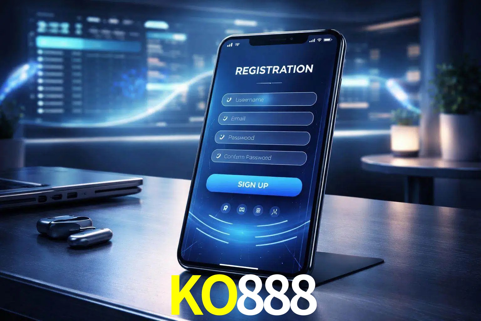 Una interfaz moderna de registro móvil para KO888 mostrada en un smartphone con un panel de apuestas elegante.